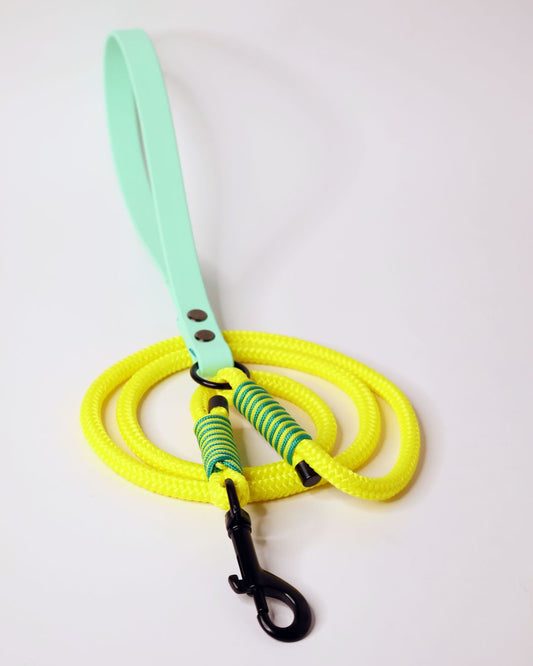 Lesa pentru caini, din sfoara galbena si maner turcoaz din biothane. Este o lesa foarte buna si frumoasa