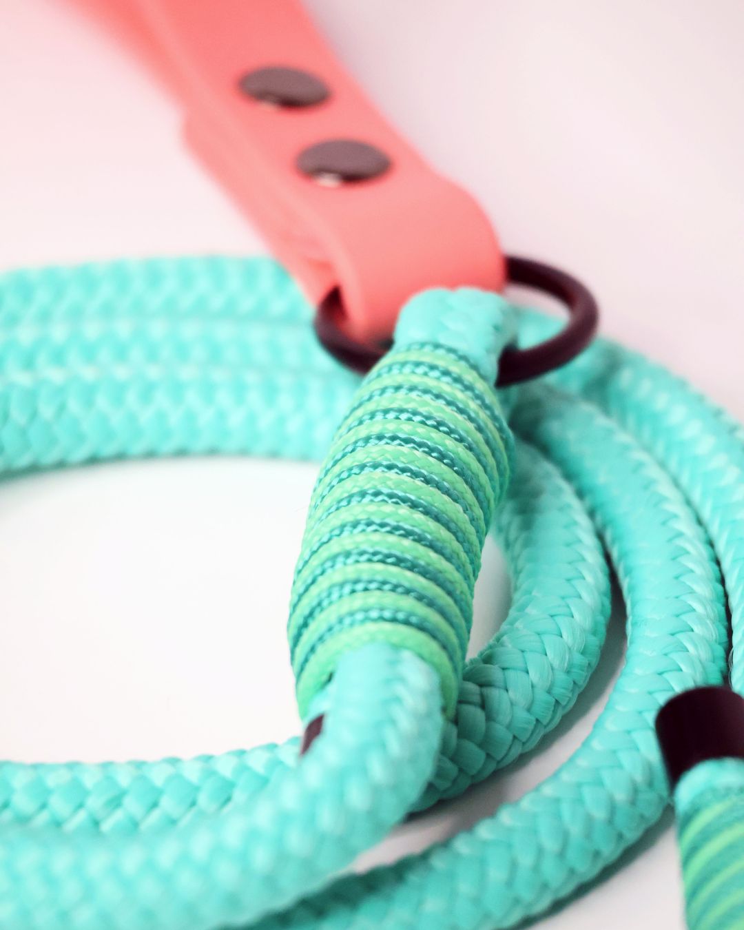 Poza de aproape cu finisaj al lesei pentru caini de culoare turcoaz cu maner roz coral din biothane