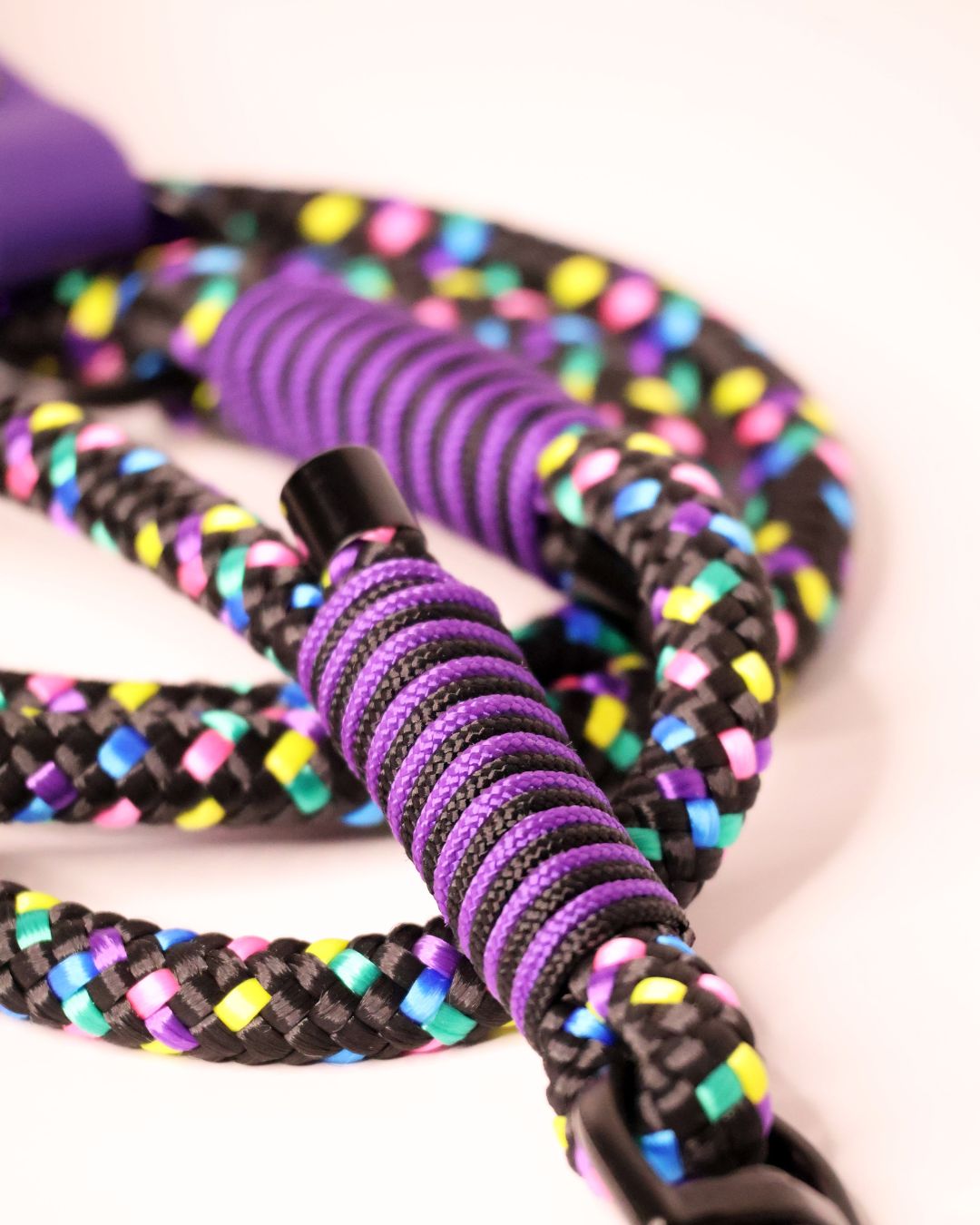 poza in care se vad detaliile lesei pentru caini, sfoara este multicolora